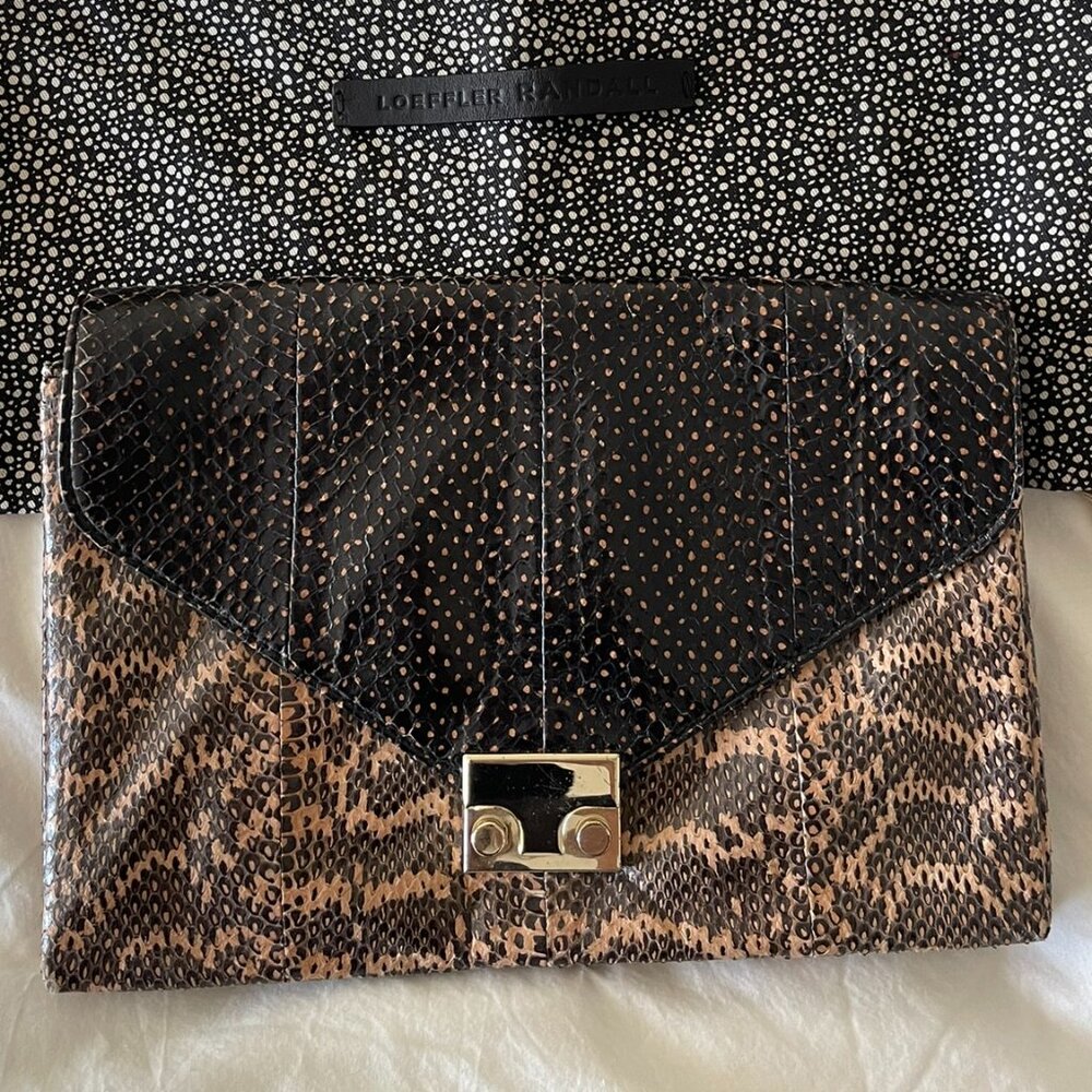 Loeffler Randall Snakeskin Leather Envelope Lock Clutch / Cross Body Bag